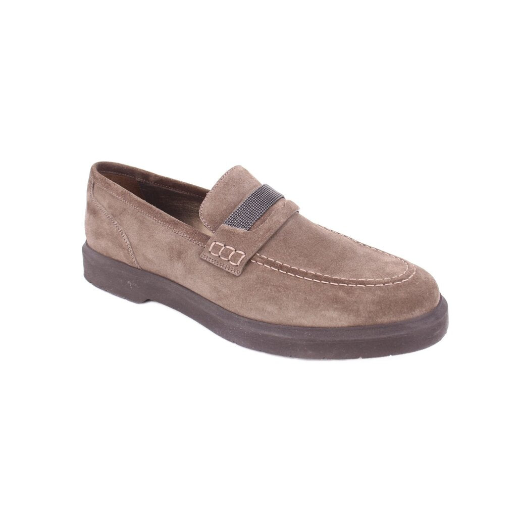 Taupe suede loafer with square buckle strap and stitched apron seam