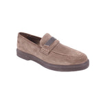 Taupe suede loafer with square buckle strap and stitched apron seam