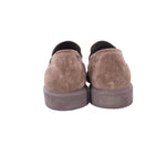 Taupe suede loafer backs with low heel and round collar opening