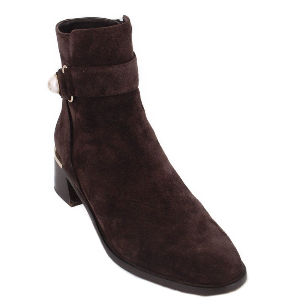 JIMMY CHOO brown suede ankle bootie with buckle strap and block heel