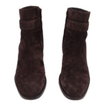 JIMMY CHOO brown suede ankle booties, side-by-side view with block heel