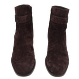 JIMMY CHOO brown suede ankle booties, side-by-side view with block heel