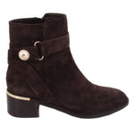 JIMMY CHOO brown suede ankle bootie with decorative buckle at the ankle