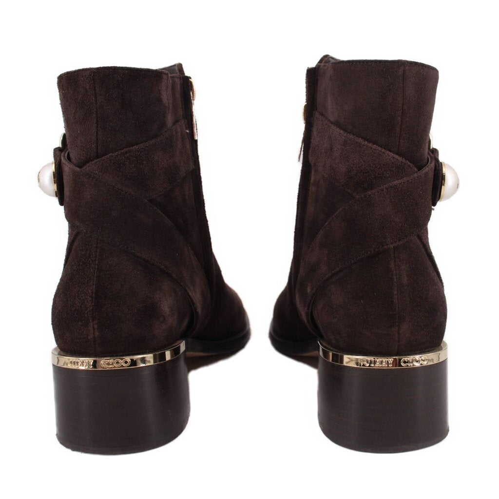 JIMMY CHOO brown suede ankle booties with block heel and metallic heel detail