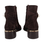 JIMMY CHOO brown suede ankle booties with block heel and metallic heel detail