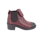 CHANEL quilted burgundy ankle bootie with side elastic gore and low block heel