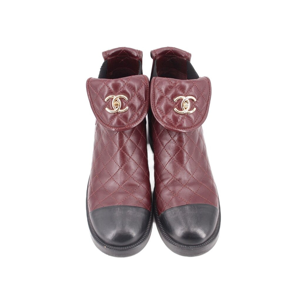 CHANEL quilted burgundy booties with CC logo ankle strap and low block heel