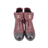 CHANEL quilted burgundy booties with CC logo ankle strap and low block heel