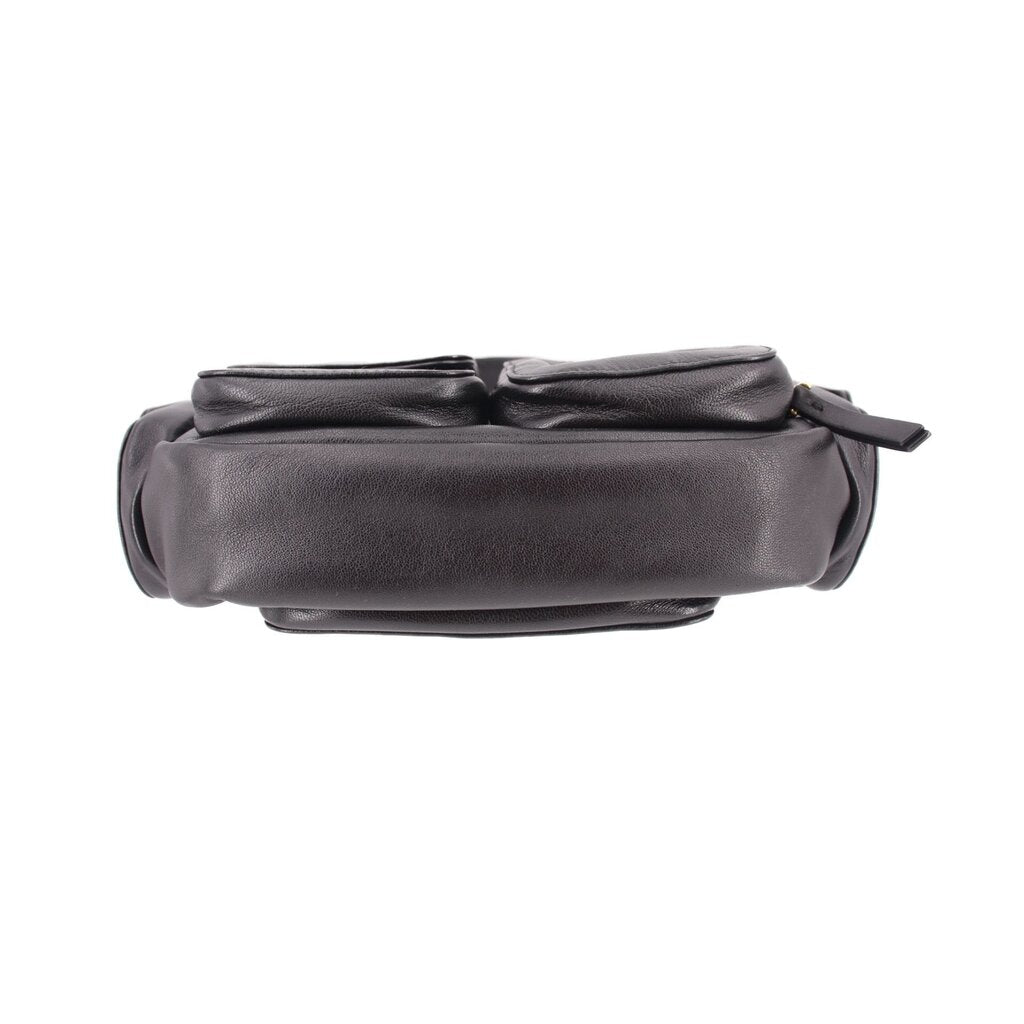 Black leather pocket shoulder bag with top handle and gathered top opening, gold trim