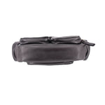 Black leather pocket shoulder bag with top handle and gathered top opening, gold trim