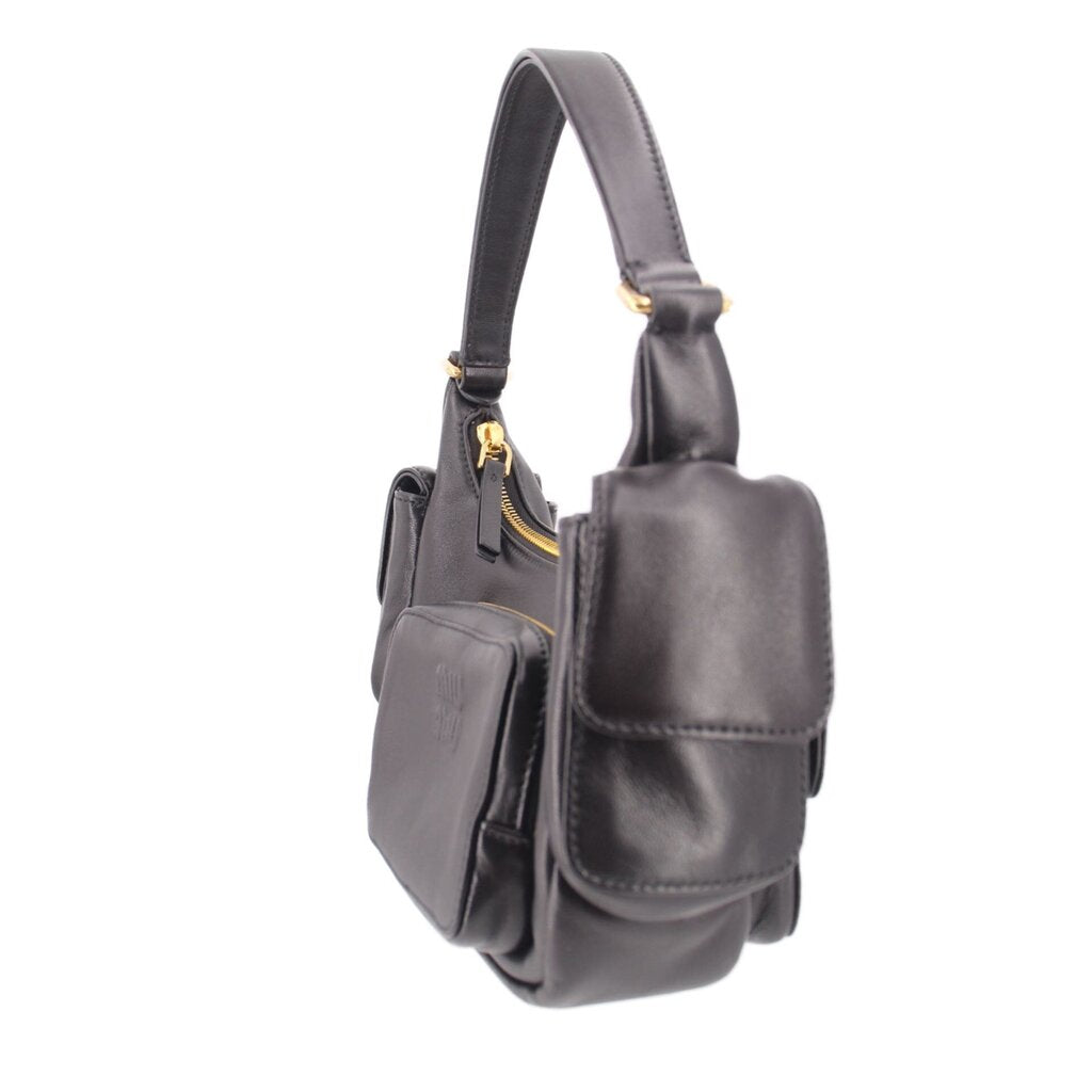 Black leather shoulder bag profile with top handle, front pocket, and gold hardware