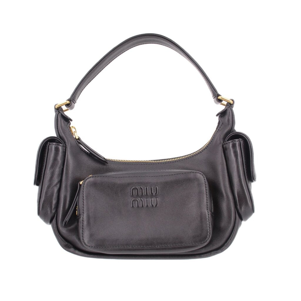 MIU MIU black leather pocket shoulder bag with top handle, side pockets, and gold hardware