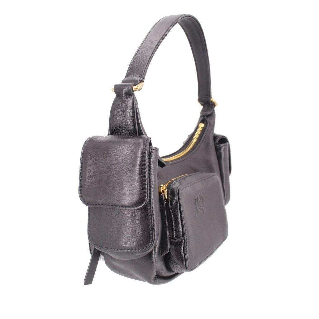 Black leather pocket shoulder bag with top handle, flap pocket, and visible side zipper pull