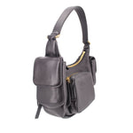 Black leather pocket shoulder bag with top handle, flap pocket, and visible side zipper pull