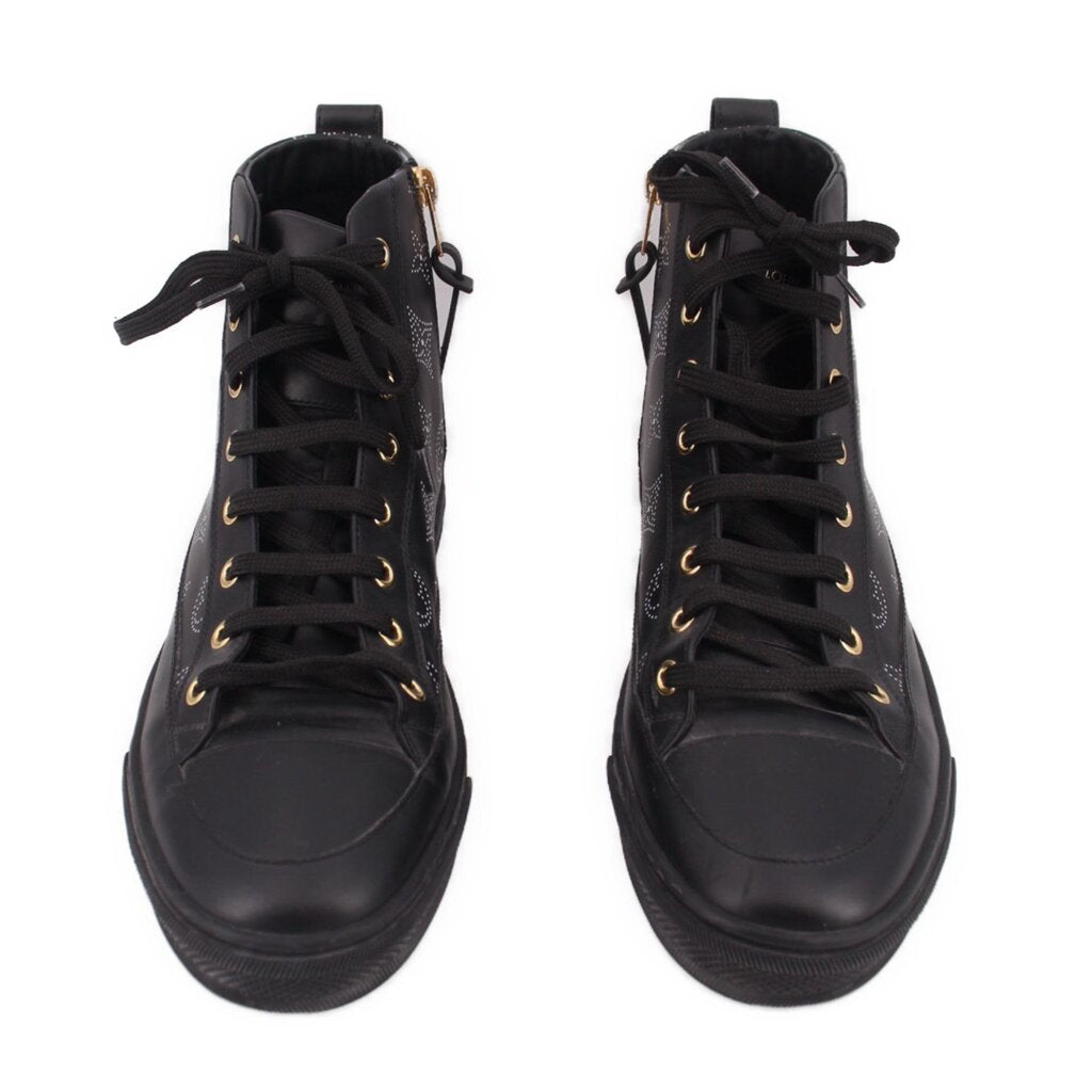 LOUIS VUITTON black high-top sneakers, front view pair, black laces and gold eyelets