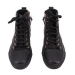 LOUIS VUITTON black high-top sneakers, front view pair, black laces and gold eyelets