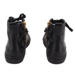 LOUIS VUITTON black high-top sneakers, heel view with zipper pull and gold accents