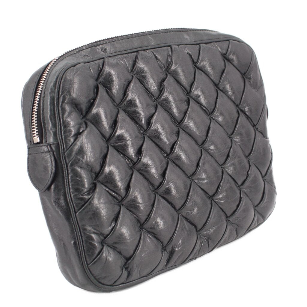 BALENCIAGA quilted black leather pouch side view with front zipper and zip top