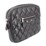 BALENCIAGA quilted black leather pouch angled view with front zip pocket and hardware