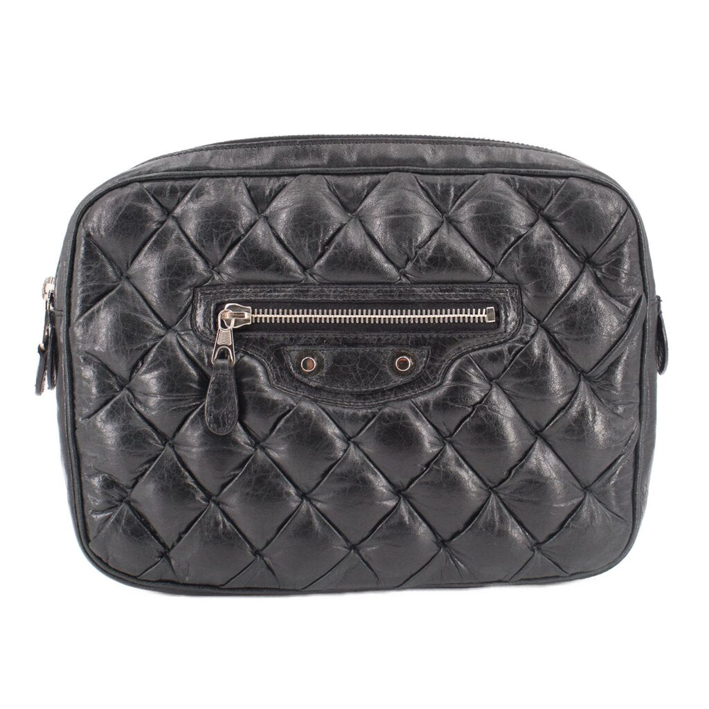BALENCIAGA quilted black leather pouch with front zip pocket and zip closure