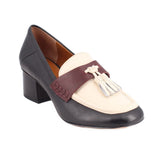 J MCLAUGHLIN WENONA LEATHER HEELED TASSEL PENNY LOAFERS CREAM/BLACK 7.5 US