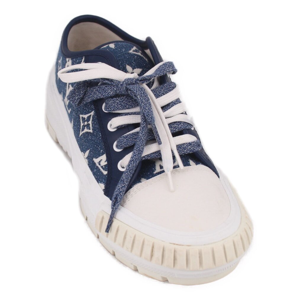 LOUIS VUITTON blue denim low-top sneakers, monogram pattern, lace-up