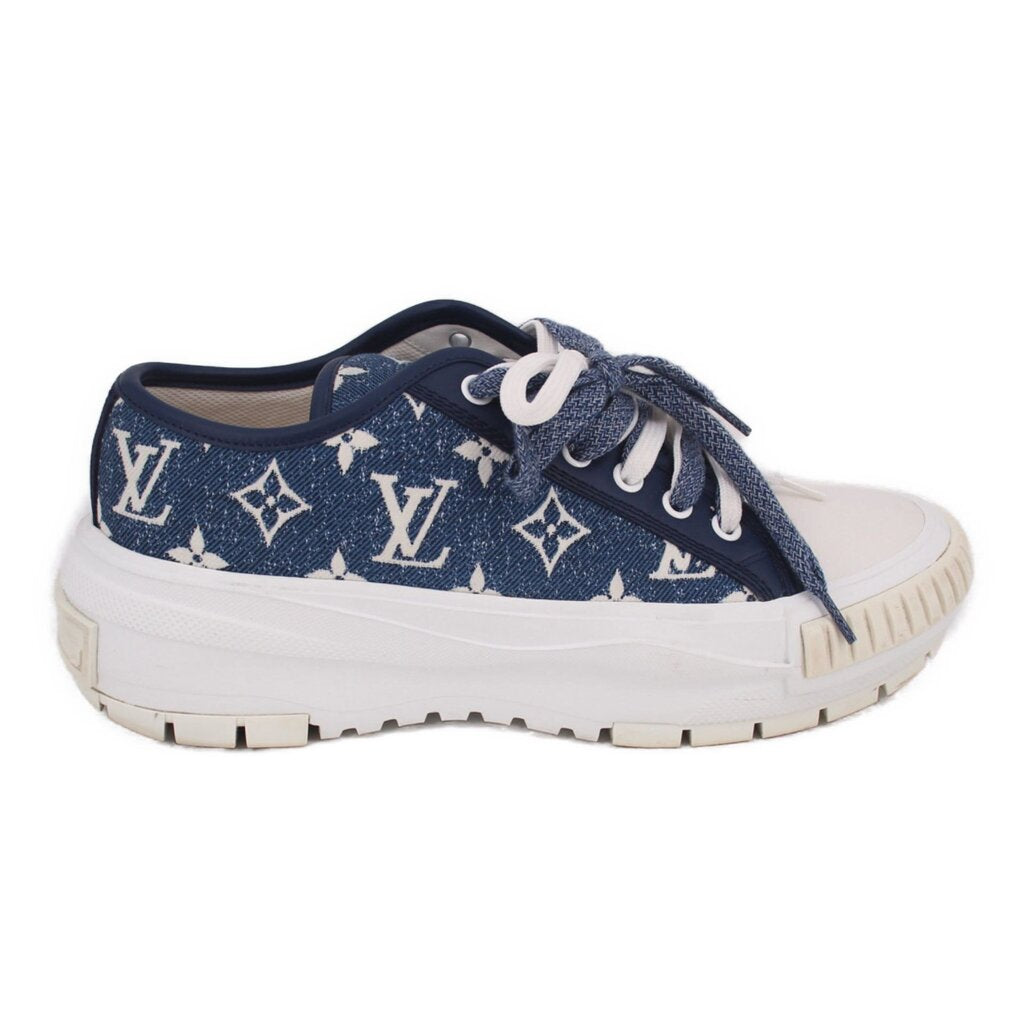 LOUIS VUITTON blue denim sneakers with allover monogram pattern, lace-up