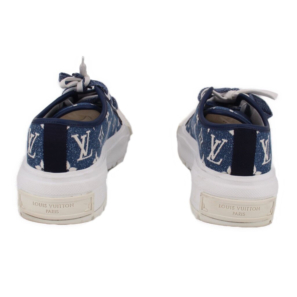 LOUIS VUITTON blue denim sneakers with heel branding, lace-up, white rubber sole