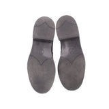 Underside view of black leather loafers with rubber soles