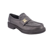 Black leather Academy loafers with gold LV-style buckle ornament