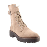 Tan suede lace-up combat boot with buckle strap and chunky lug sole