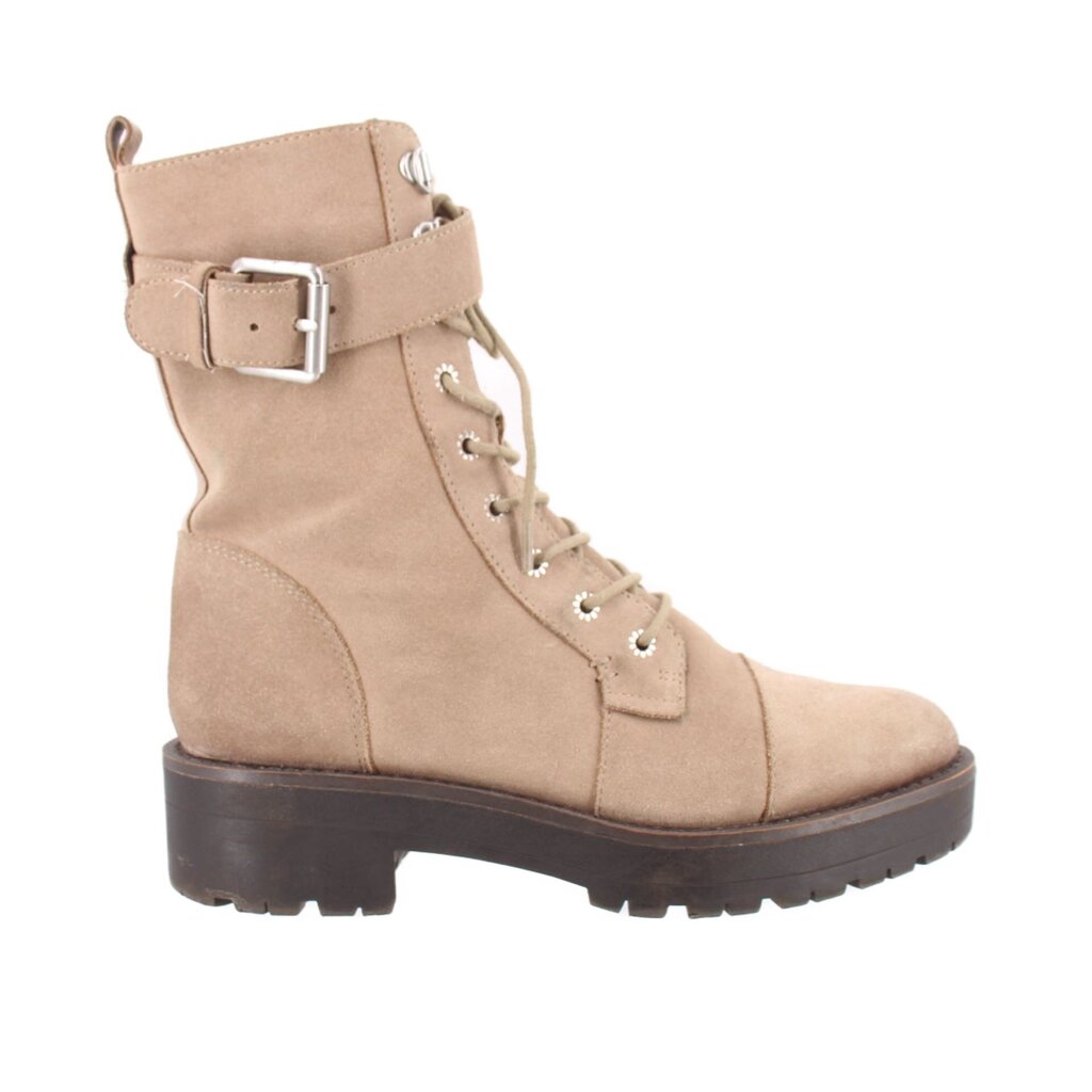 Tan suede combat boot with lace-up front and side buckle strap