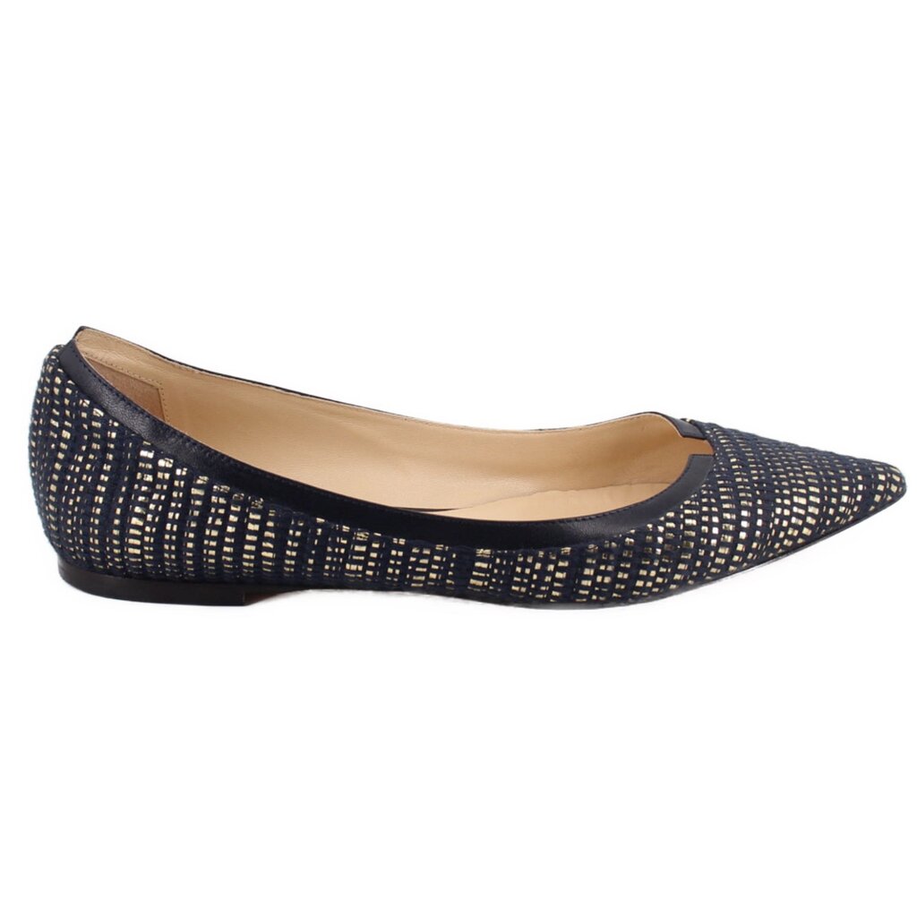 Pointed-toe metallic navy ballet flats, low-profile flat sole