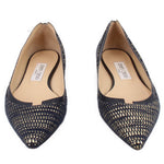 Pair of metallic navy pointed-toe flats with cutout vamp and branded insole