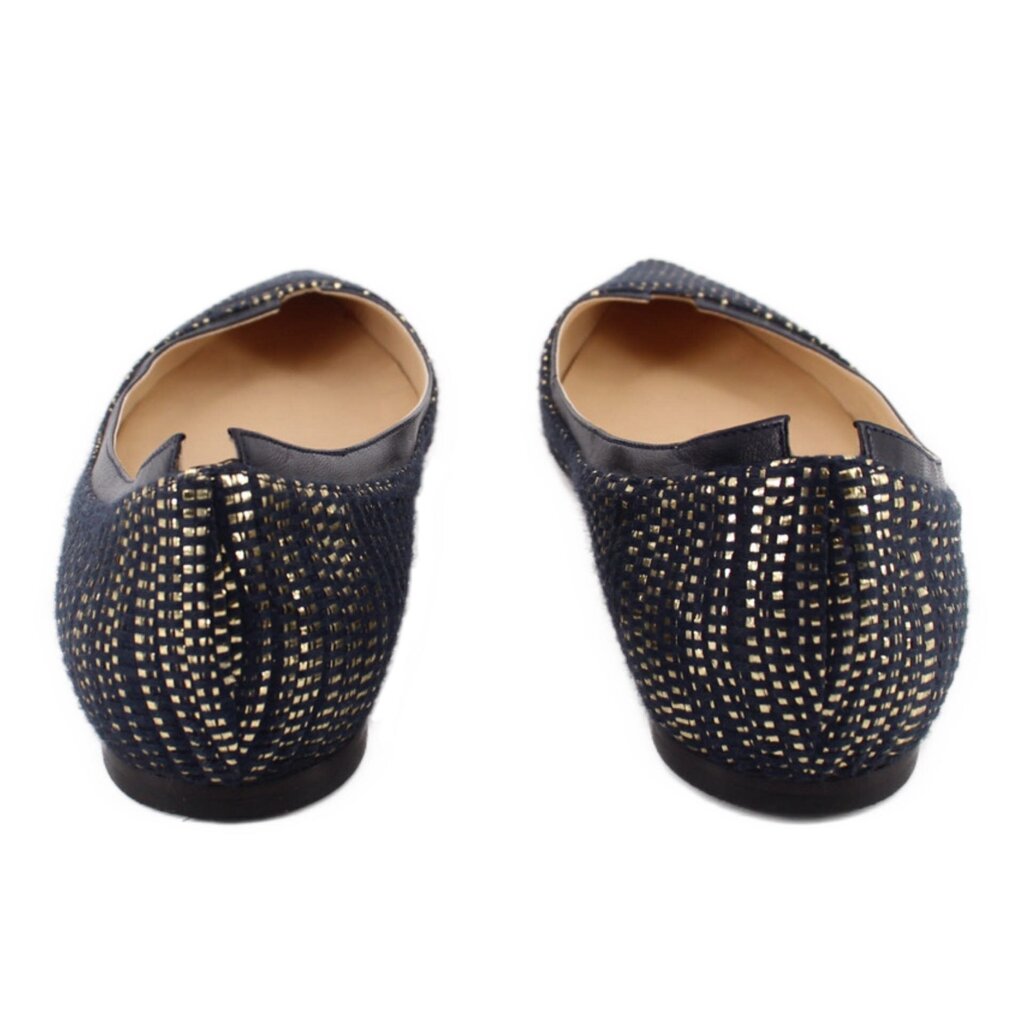 Back view of metallic navy pointed-toe flats with flat heel and stitched edging