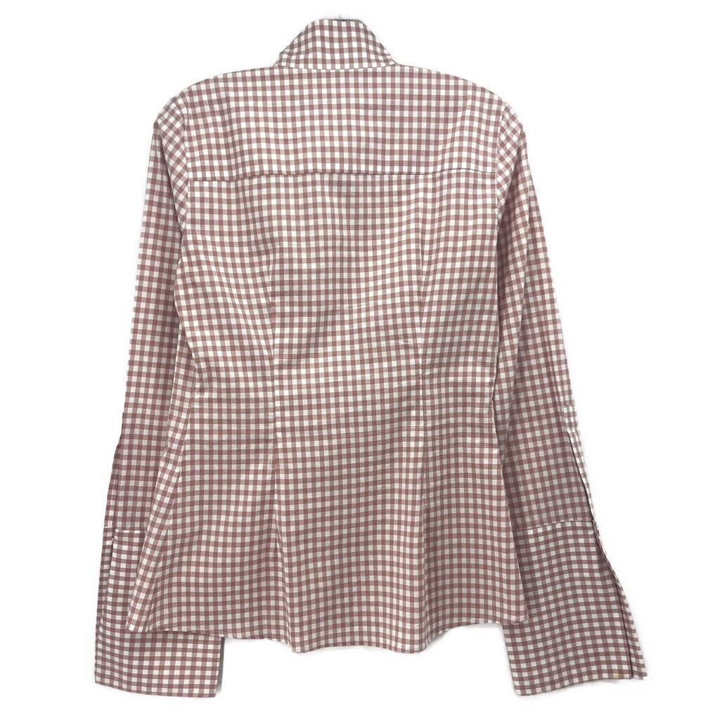 Pink and white gingham check long-sleeve shirt top, back view
