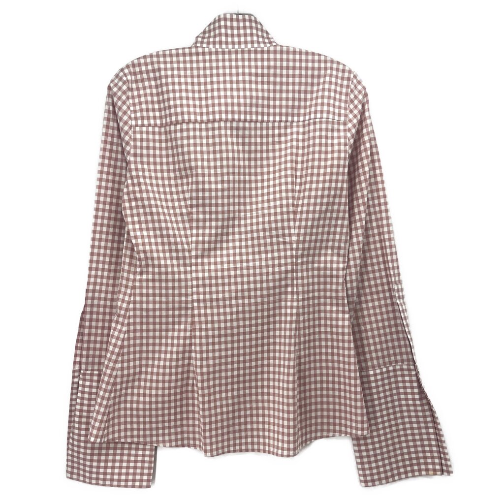 Pink gingham check button-up shirt top, long sleeves, back view
