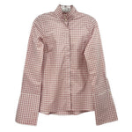 Pink and white gingham check button-up top with stand collar and long sleeves