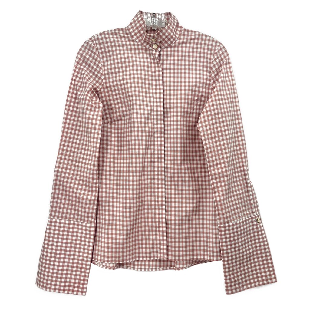Pink gingham check button-up shirt top with long sleeves and stand collar