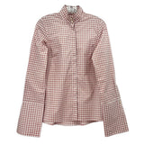 Pink gingham check button-up shirt top with long sleeves and stand collar