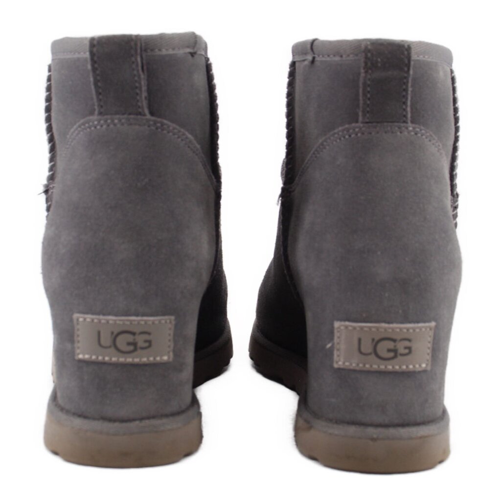 Gray suede ankle booties with UGG logo heel tabs and rubber soles