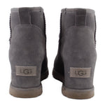 Gray suede ankle booties with UGG logo heel tabs and rubber soles