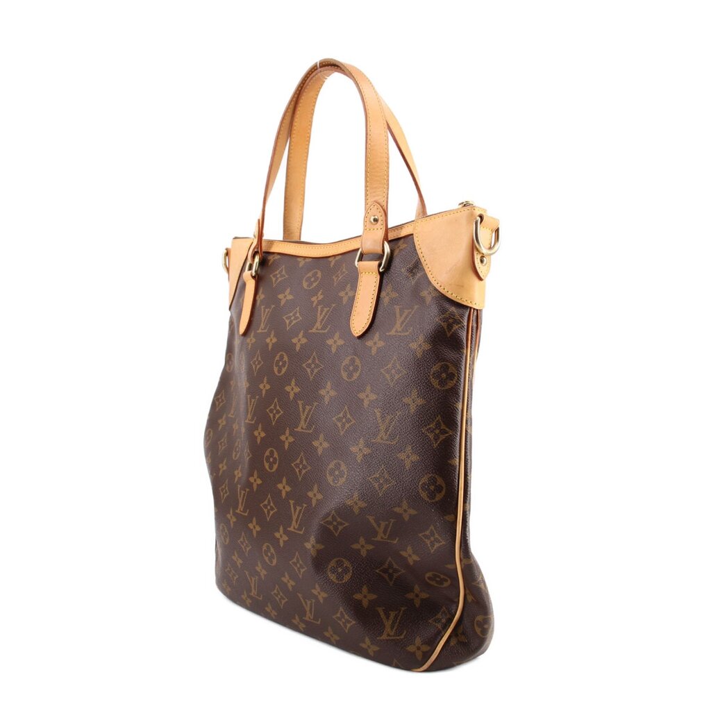 Monogram tote crossbody bag side view with tan strap hardware and dark brown patterned leather