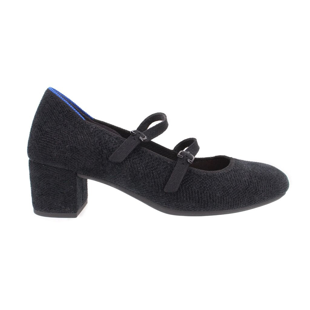 Black velvet Mary Jane heels with two buckle straps and square block heel