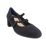Black velvet Mary Jane heels with double buckle straps and block heel