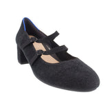 Black velvet Mary Jane heels with double buckle straps and block heel