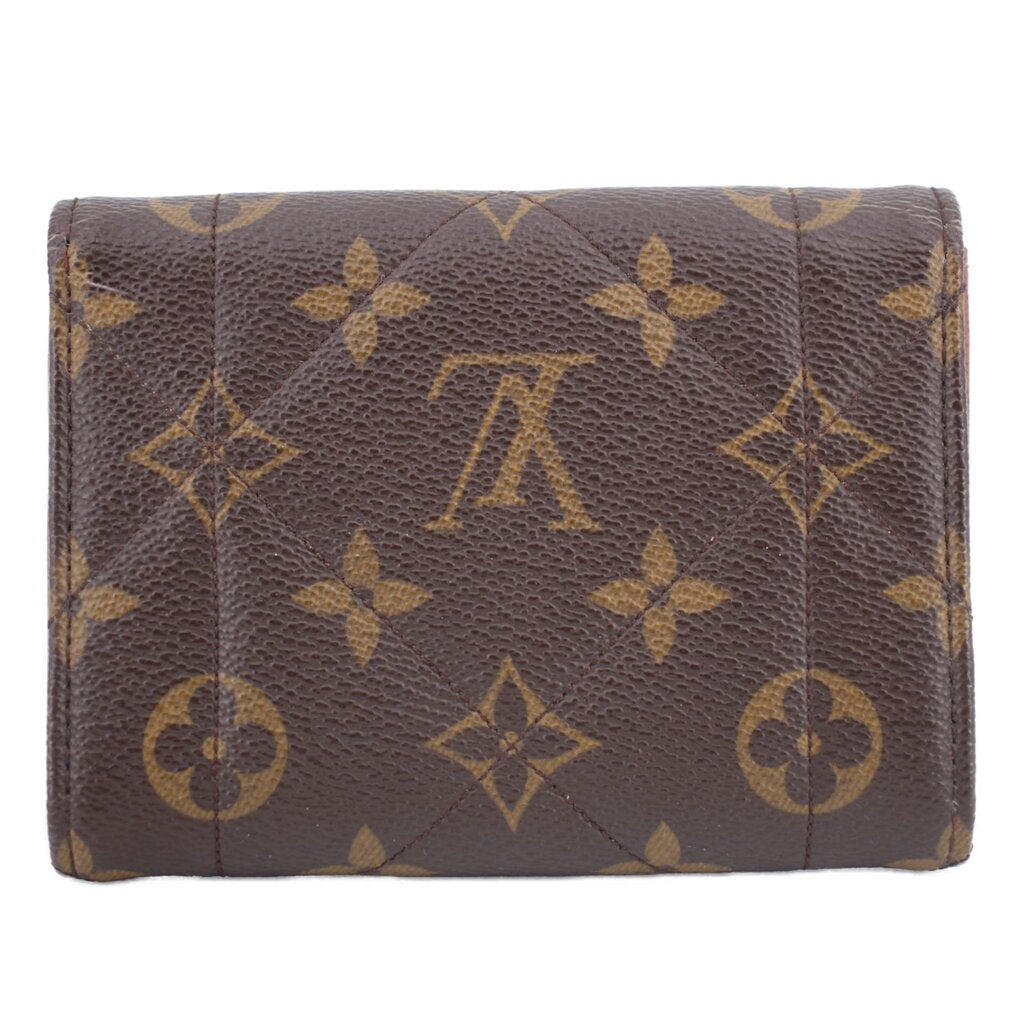 Monogram compact wallet front, dark brown with gold LV and floral pattern
