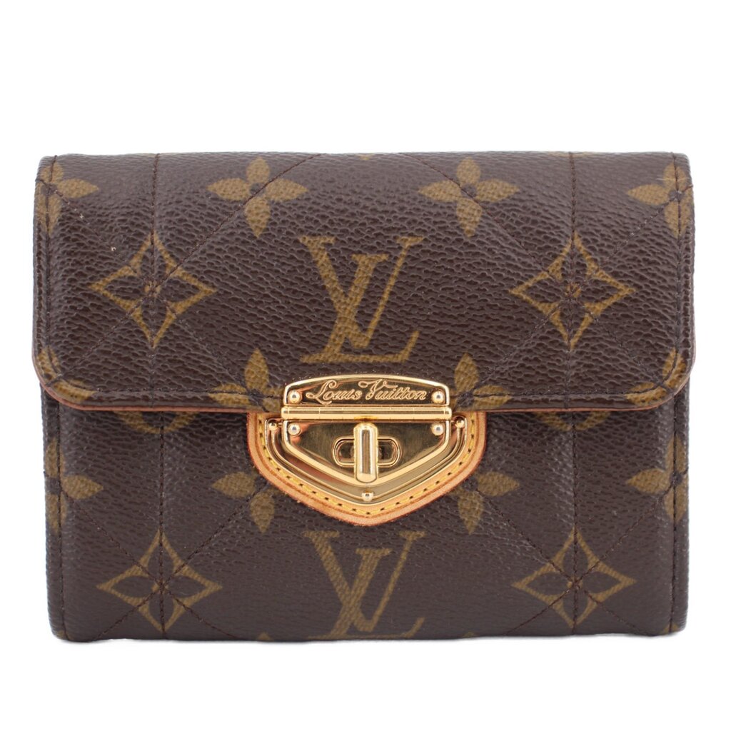 Louis Vuitton monogram compact wallet with gold-tone clasp, brown canvas