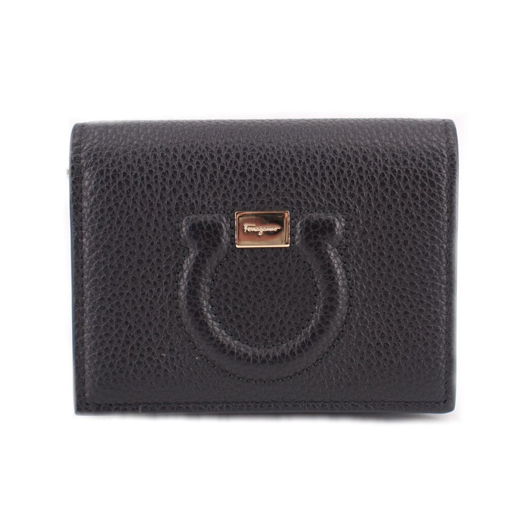 Black textured leather Gancino city wallet with gold-tone emblem on front