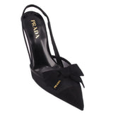 Prada black mesh slingback heels with pointed toe and bow detail